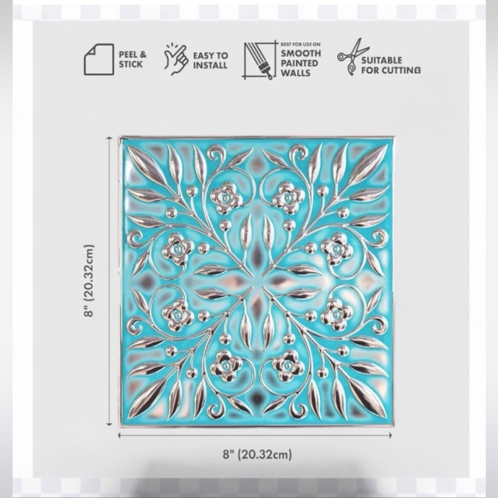 NIB 10-Pack Peel & Stick Tiles 8×8 Turquoise/Silver Backsplash Furniture Art - Picture 11 of 14